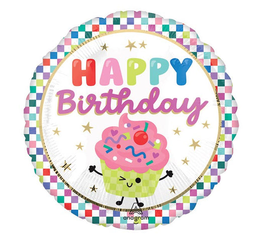 17 Inch Happy Birthday Vibrant Cupcake Round Foil Balloon