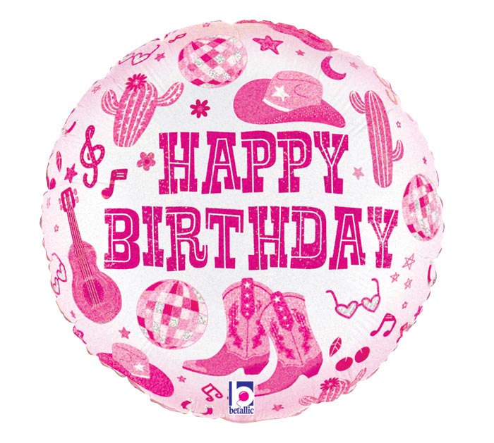 17 Inch Happy Birthday Pink Disco Cowgirl Round Foil Balloon