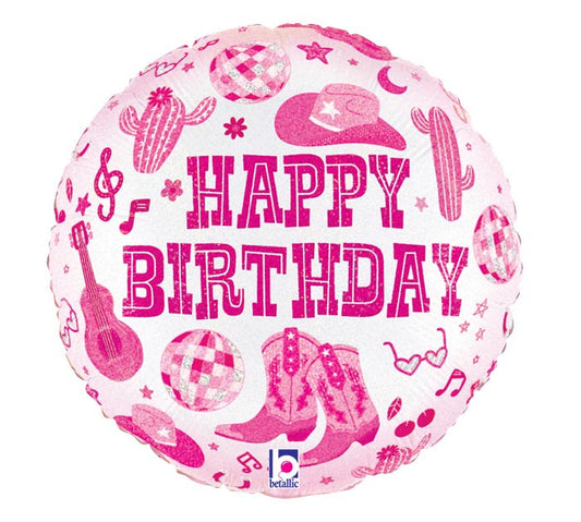 17 Inch Happy Birthday Pink Disco Cowgirl Round Foil Balloon