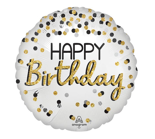 18 Inch Happy Birthday Silver Black Gold Round Foil Balloon