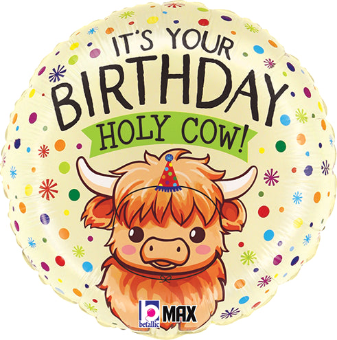 18 Inch Happy Birthday Highland Cow Round Foil Balloon
