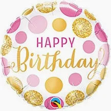 18 Inch Happy Birthday Pink/Gold Dot Foil Balloon